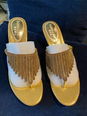 Ugbeller Gold Beaded Fringe Women's Slide Sandals